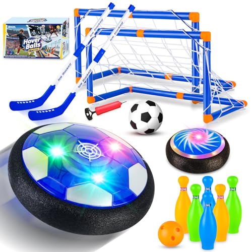 NEUBSAW 4-in-1 Hover Soccer Ball Hockey & Bowling Set, LED Air Floating Sports Toy for Indoor Outdoor Play for Kids Ages 3-12, Birthday for Boys Girls Toddlers