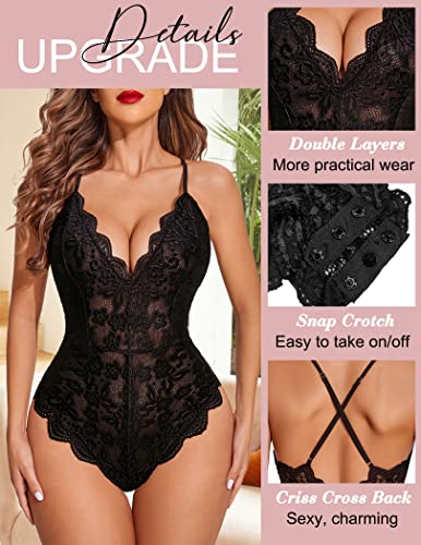 Avidlove Women One Piece Lingerie Deep V Teddy Sexy Lace Bodysuit Snap Crotch Babydoll2