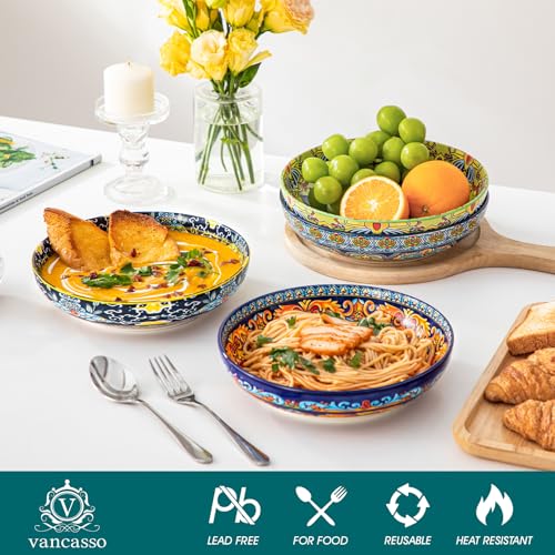 vancasso KRVI Zestaw 4 misek do makaronu, 1260 ml, duże ceramiczne talerze do zupy, do makaronu, sałatki, ramenu i serwowania, kolorowa zastawa stołowa boho