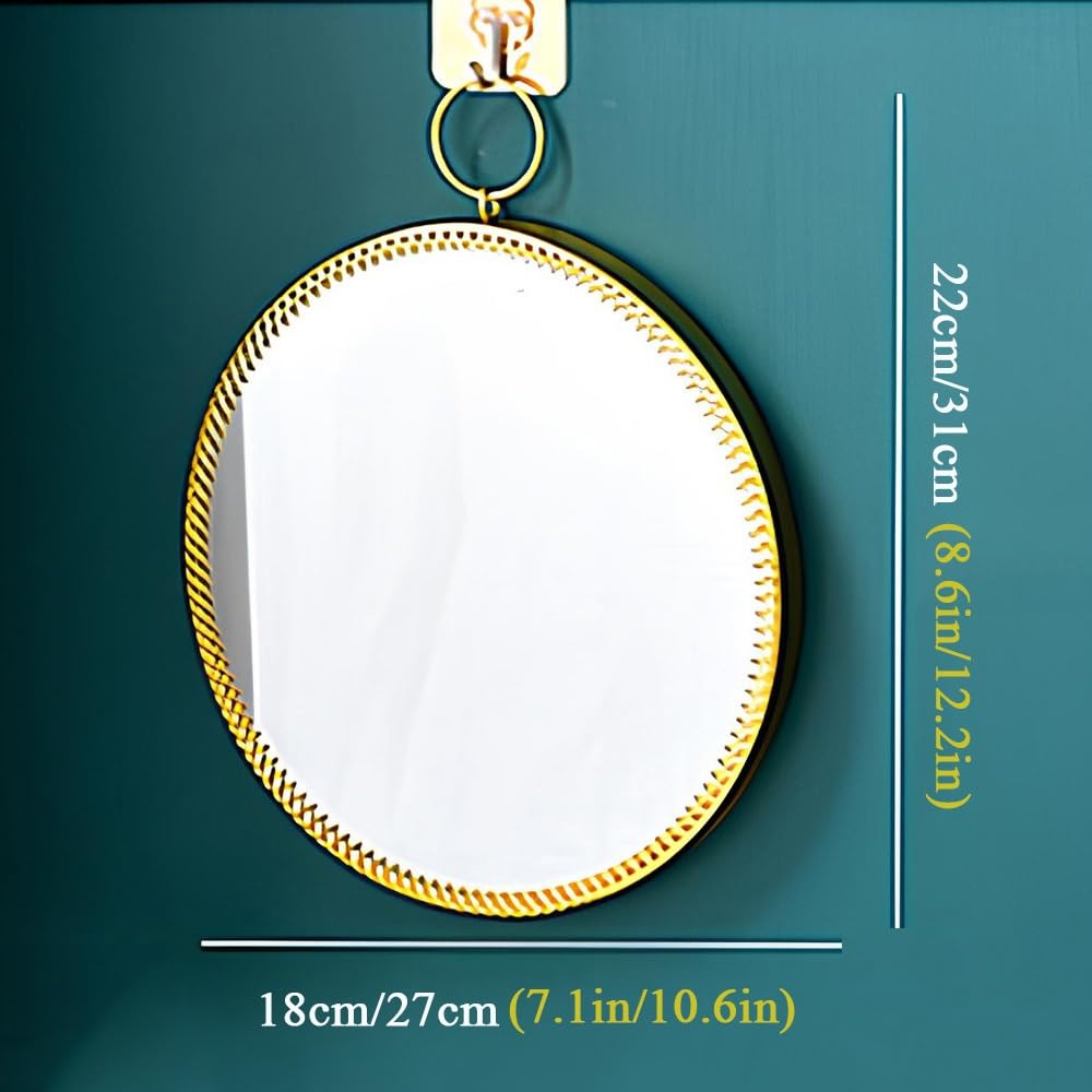 Okrągłe żelazne lustro ścienne do toaletki łazienkowej, minimalistyczny design, z pierścieniem do zawieszenia i metalową ramą dekoracyjną (złote, 18 x 22 cm / 7,1 x 8,6 cala)