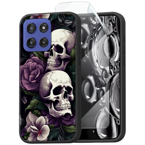 ACWDMKH for Motorola Edge 60 Pro Case,for Moto Edge 60s Pro Case with Screen Protector Slim TPU Silicone Shockproof,Scratch-Resistant,Wireless Charging,Heavy Duty Cover,Skull Purple
