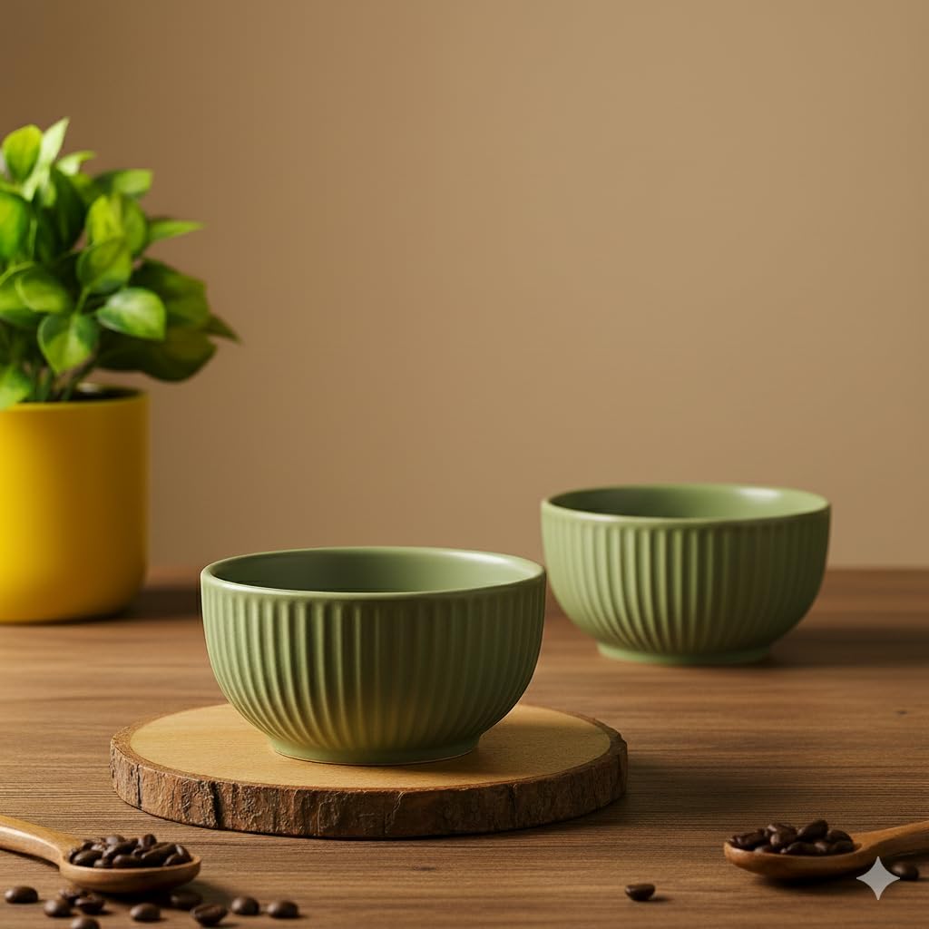 IZZYLYF 'Olive Ridge' Ceramic Snack Bowl Set of 2 (500 ml Each) | Microwave & Dishwasher Safe Bowl Set for Party, Dinner Table & Gifting | Stylish & Fancy Bowl Set for Snacks, Desserts & Salads