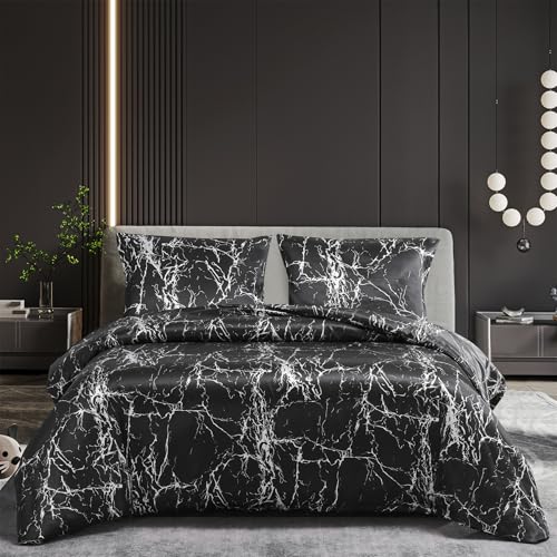 Gezu Juego de ropa de cama de satén, diseño de mármol, 135 x 200 cm, seda lisa, satinada brillante, color negro, blanco y gris, juego de ropa de cama reversible con aspecto de mármol, funda nórdica de