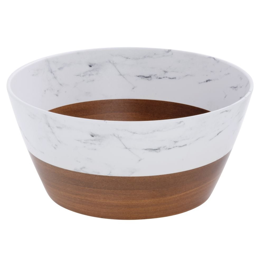 Serving Bowl Wood and Marble Look Melamine - 9"Dia x 4 1/4"H by HUBERT – Melamine, White, Model H0193-DK WD/MAR