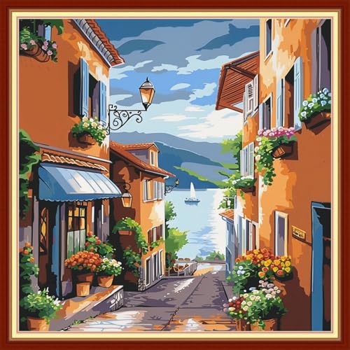 Image of Joyhoor Cross Stitch Kits for Beginners Stamped Cross-Stitch Supplies Needlework preprint Embroidery Kits for Adults DIY Needlepoint Kit Embroidery Patterns 11CT-Seaside Street Scenery 18x18 inch