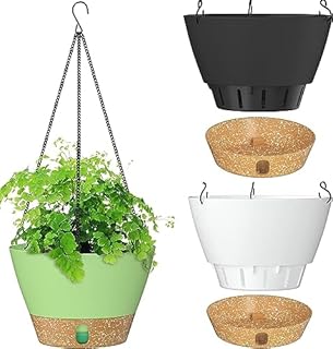 LATERN 3Pcs Plastic Hanging Plant Pot, 25CM Self Watering Flower Pots Hanging Plant Basket for Plants Flowers Herbs Violets Succulent - with Visible Water Level Tray, Drainage Hole, Chain Hooks