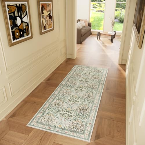 Image of Non-Slip Washable Runner Rug 2x6, Beige & Blue Vintage Design for Hallway, Kitchen, Laundry Room & Bathroom