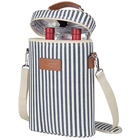 Insulated Wine Cooler Bag, 2 Bottle Padded Wine Tote Carrier for Picnic, Beach, Camping, Wine Lover Gift, Stripe Cover