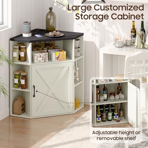Image of Halitaa Corner Storage Cabinet, Farmhouse Corner Bookshelf with Storage 6-Cubby Wooden Cabinet with USB Ports and Outlets Industrial Organizer for Small Space, Study, Playroom, Rustic White and Black