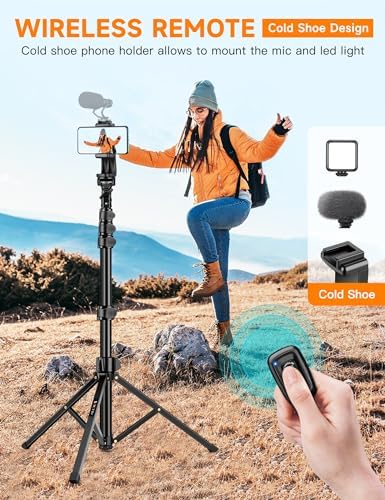Phone Tripod, 86" Tall Tripod for iPhone with Flexible Gooseneck & Remote, Portable Aluminum Cellphone Stand for Selfies, Video Recording,Travel, Compatible with iPhone Android