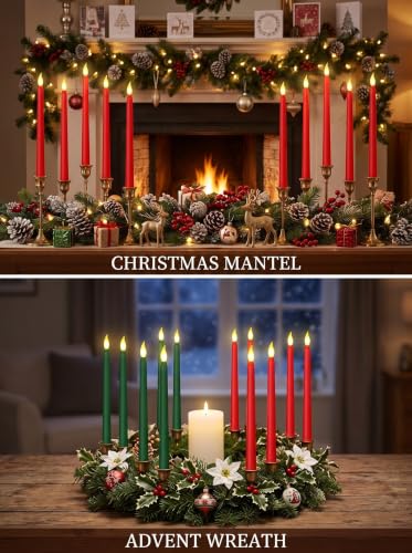 Image of Treela Battery Operated LED Taper Candles,Basic,10 Inch,Red,Green