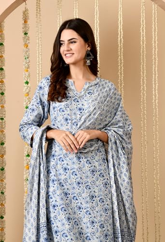 Image of Amazon Brand - Tavasya Women Cotton Anarkali Kurta Pant Dupatta Set | Printed Ethnic Suit Set | Flared Anarkali Kurta with Pant & Dupatta | Festive & Casual Wear