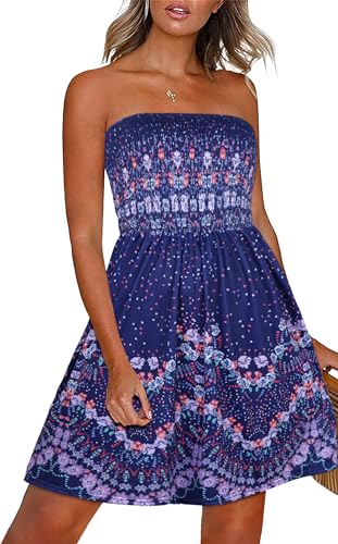 CHICGAL Women's Beach Dresses Summer Cover Up Boho Strapless Floral Print Sundress, Floral de lunares morados, XXL