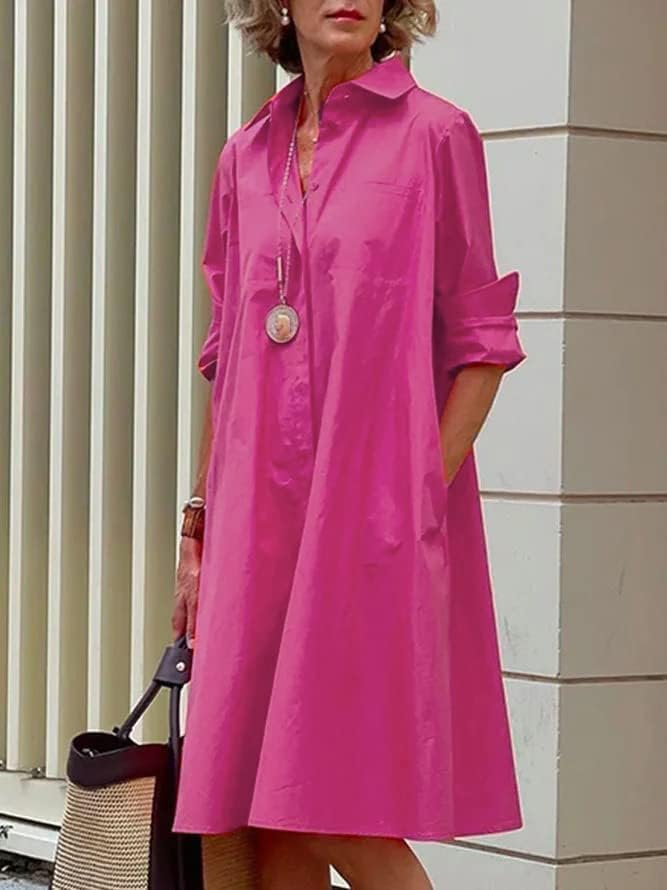 Womens 2025 Long Sleeve Button Down Shirt Summer Dress Casual V Neck Loose Fit Midi Shirt Dresses with Pockets - Image 2