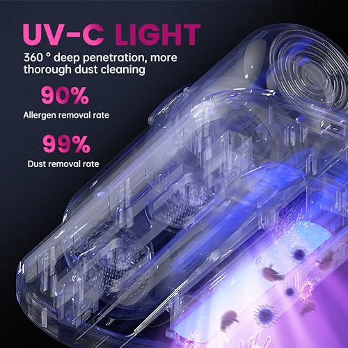 Image of PATO Mattress Vacuum Cleaner, Wireless Handheld Bed Vacuum Cleaner with UV-C Light, HEPA Filter and Ultrasonic Vibration, 12KPa, Suitable for Beds, Sofas, Car Seats, Carpets (Purple)