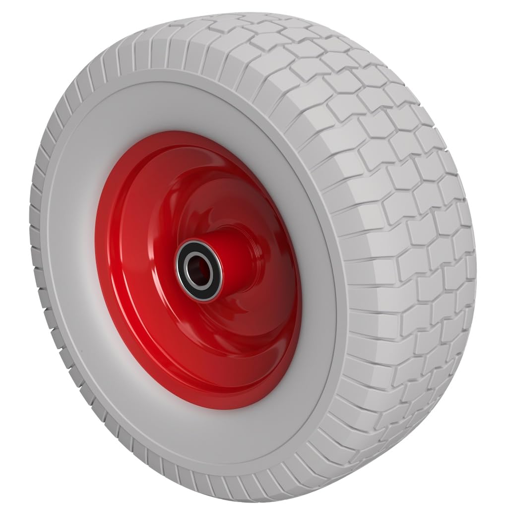 1 x Rueda de poliuretano Ø 400 mm 6.50-8, 2 cojinetes de bolas robot cortacésped tractor a prueba de pinchazos, gris/rojo