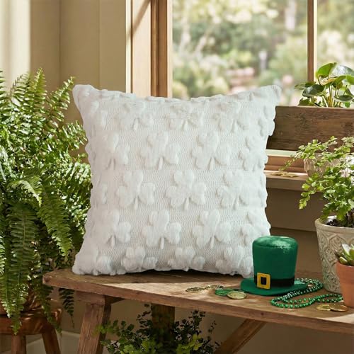 AVOIN colorlife St Patricks Day Shamrock Throw Pillow Covers Set of 2, 18 x 18 Inch Lucky Clover Decoration Cream White Soft Plush Faux Fur Jacquard Pillow Case for Bedroom Sofa Couch by AVOIN colorlife - Used condition - Image 4