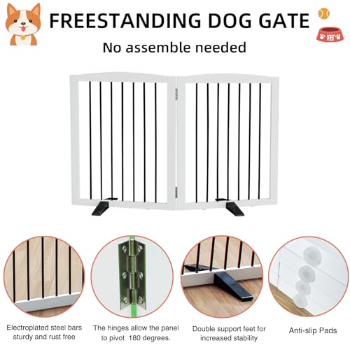 Freestanding-Panel-Dog-Gate-for-Indoor-DoorwaysStairs-or-HallwaysFoldable-Wooden-White-Dog-Gates-for-HousePet-Gate-for-DogsDog-Fence-Puppy-GateSupport-Feet-Included-32-Height-2-Panels