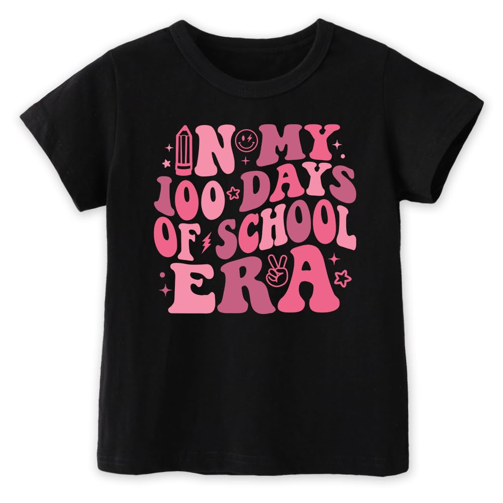 Juneightee Happy Toddler Boys Girls 100 Days of School Shirt for Kids, Prints Books, Pencils, Letters, Football, 4-7 T
