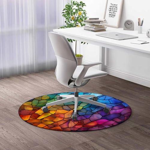 RevoLue Round Rug 5 FT Rainbow Office Desk Chair Mat Abstract Computer Gaming Rolling Chair Mat Chair mat Standing Desk Anti-Fatigue Mat for Hard Floor