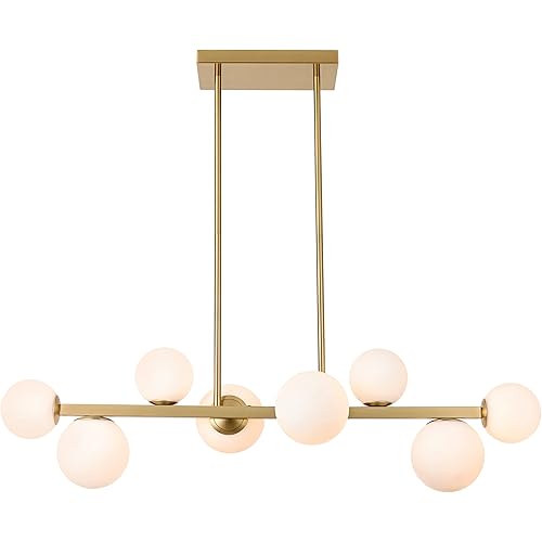 Dining Room Light Fixtures Over Table, Mid Century Chandeliers for Dining Room, Gold Modern Chandelier, 8 Lights Globe Linear Chandelier Light Fixtures Ceiling Hanging