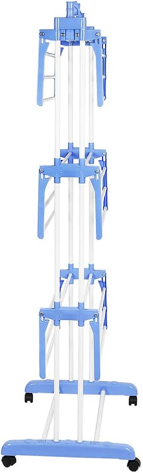 XXL Space Saving Vertical Clothes Drying Rack with 3 Levels & 2 Foldable Side Wings Indoor/Outdoor Laundry Drying Stand 75 * 64 * 170 cm (Blue & White)