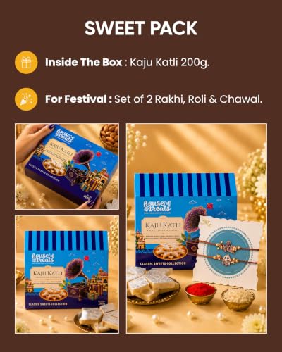 Image of House of Treats Rakhi With Sweets Kaju Katli 200g Rakhi Gift for Brother Set of 2 Rakhi With Sweet Box for Gift Raksha Bandhan Sweets Gift Pack