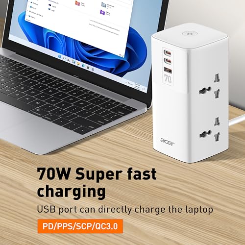 Image of Acer PowerHub Tower | AC Socket + 4 USB Ports (2 Type-C PD + 2 Type-A) | 70W Fast Charging, 2500W Output | Desktop Power Adapter | Surge Protection | Travel Ready | Overload Protection