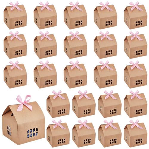 BENECREAT 24 caja de Regalo con Forma de Casa Marrón, Caja de Cartón para Dulces de 12.5x12.5x13.5cm, de Papel Kraft, para Bodas, Baby Showers, Fiestas de Cumpleaños