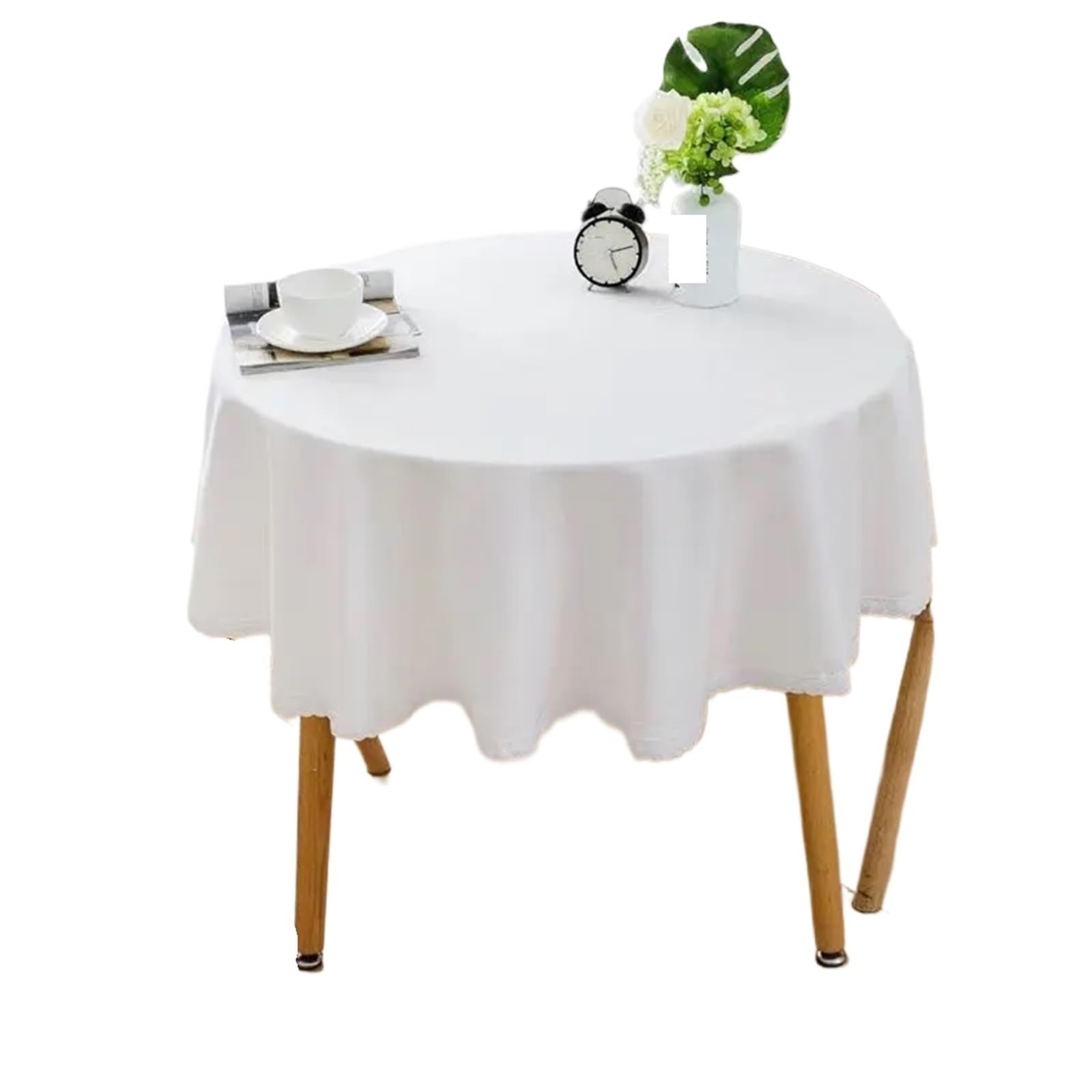 ZNTIHZ Solid Color Round Tablecloth With Lace Cotton Linen Table Cloth Wedding Dining Tea Decoration Cover For Wedding Party Banquet(White,140cm)