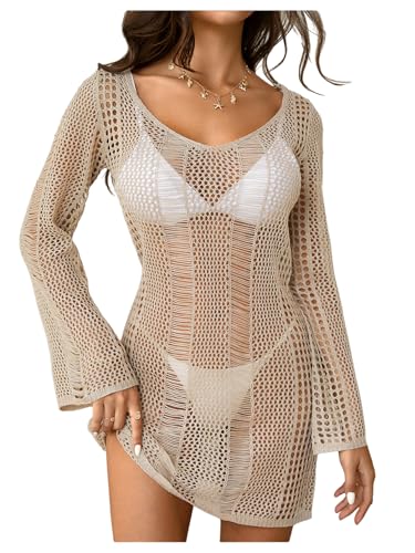Image of Floerns Women's Crochet Cover Up Long Sleeve Hollow Out Bikini Swimsuit Beach Cover Up Swimwear