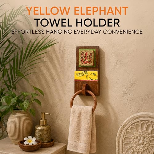 Image of Aakriti Art Creations Art Fusion Wooden Towel Holder | Yellow Elephant Towel Hanger | Handcrafted Dhokra Madhubani Inspired Towel Holder | Matte Finish Natural Wall Mounted