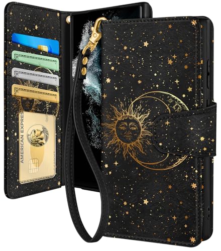 Toycamp for Samsung Galaxy S22 Ultra Wallet Case with Wrist Strap - Leather Flip Folio Phone Cover with RFID Blocking 4 Card Slots Galaxy S22 Ultra Cute Aesthetic for Women Lady Black Sun Moon