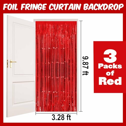 Image of 3 Pack Red Foil Fringe Curtains Backdrop, 3.28 x 9.8 Ft Metallic Streamers Tinsel Curtains Background for Photo Booth, Birthday, Halloween, Christmas, Thanksgiving, New Year Party Decorations