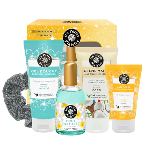Les Petits Plaisirs - Coffret parfum Fleur de tiaré, Eau de toilette femme, Gel Douche, Crème Mains, Lait corps, Coffret cadeau femme, Made in France, 5 produits