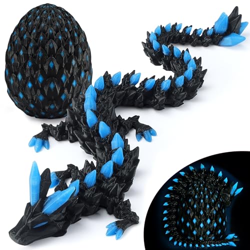 Monjita 3D Printed Dragon Egg Toy with Glow in The Dark, Articulated 3D Printed Animals Fidget, Hatchable Fantasy Easter Egg Gift for Kids & Adults, UV Light Reactive Dragon Figurine (Blue)