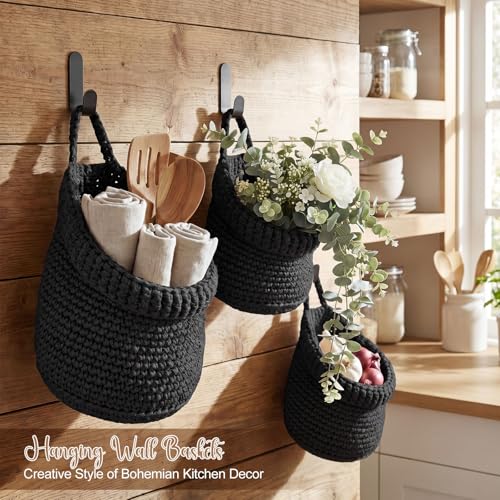 Image of Honeydak 3 Hanging Baskets, Black, Barrel, Cotton Rope