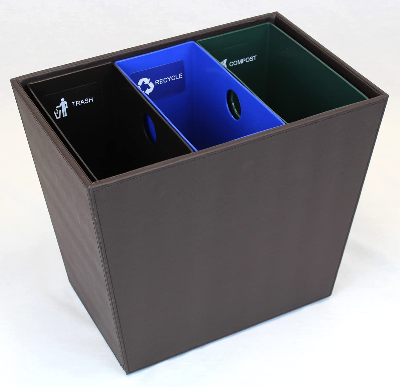 Hospitality Source Triple Chamber Cordoba Brown Leatherette Recycling & Trash Waste Bin (Triple Liner)