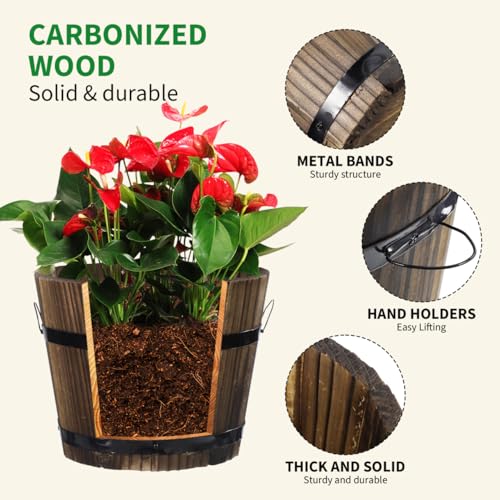 Image of Healeved Wooden Round Barrel Planter Flower Pot for Succulents with Permeable Bottom 7.08X7.08X5.9 Inches Indoor Outdoor Home Office Garden D Cor