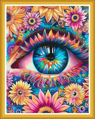 Image of Magxvouy Cross Stitch Kits Stamped Full Range of Embroidery Kits,Cross Stitch Patterns Needlework Kits for Beginners 11CT Printed Kits&Colorful Eye Flowers 16x20 inch