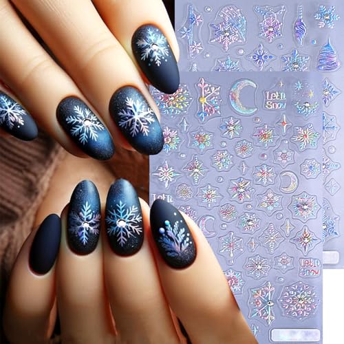 2sheets 5D Embossed Christmas Nail Stickers Self Adhesive Snowflake Nail Art Stickers Colorful Christmas Tree Moon Star Nail Decals Winter Xmas Nail Design Stickers for Women Girl