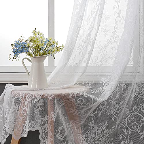 Wubodti White Lace Curtains With Valances 1 Panel, Floral Embroidered Semi Sheer Drapes Rod Pocket Lace Tulle Window Curtain With Attached Valance For Living Room Bedroom Balcony, 60" W X 90" H #TOP3
