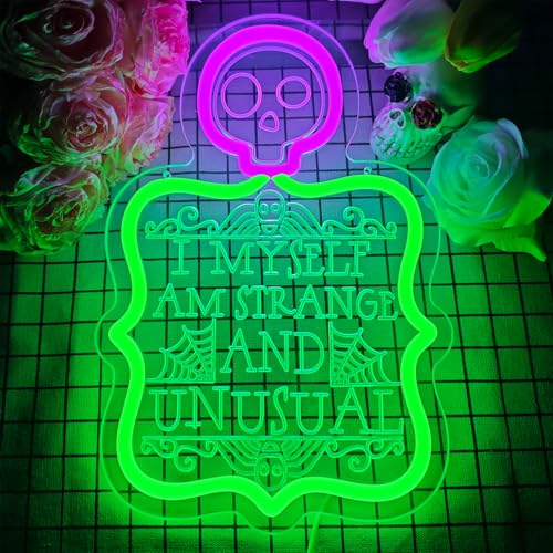 Image of I Myself Am Strange and Unusual Neon Sign Dimmable Spooky Gothic Haunted Mansion Decor Coffin LED Neon Signs for Wall Decor,USB Powered Led Neon Light for Party Haunted House Man Cave Birthday Christmas Gifts