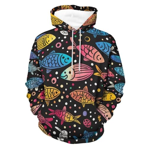 Sweatshirt pullover homme femme doodle poissons colorés taille S à manches longues