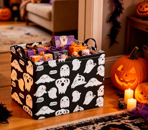 Image of CLOCOR Rectangular Storage Basket Empty,Gift Basket,Waterproof Storage Bin with Handles,Room Decor(Black Ghost Halloween)