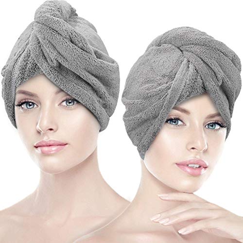 Hair Drying Towels, WantGor 2 Pack Microfiber Hair Towel Wrap Turban Quick Dryer Hat Fast Drying Hair Caps with Buttons for Women, 10 X 26 inch (Gray, Gray)