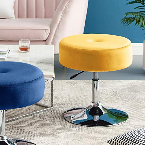 Art Leon Vanity Stool Large, Modern Velvet Upholstered Makeup Vanity Stool, Adjustable Height Swivel Stool with Metal Base Round Ottoman for Bathroom Bedroom Desk (Yellow)