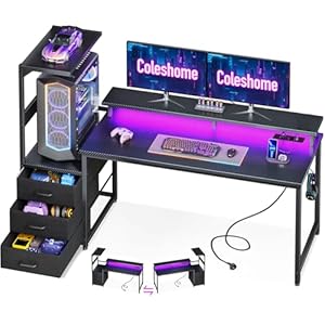 Coleshome Gaming Tisch mit LED-Beleuchtung & Steckdose, Gaming Schreibtisch mit Schubladen, Computertisch mit Ablageflächen & Monitorständer, Carbon Fiber Schwarz, 151×50 cm