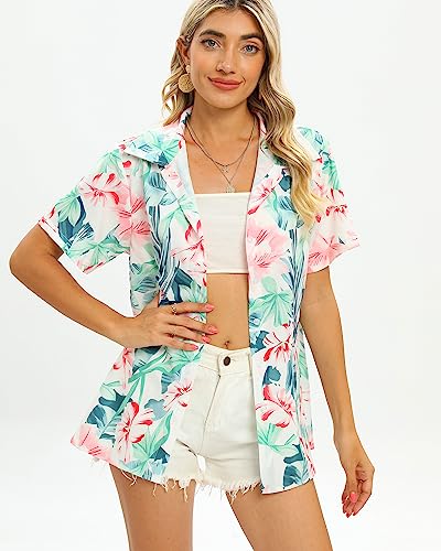 Womens Hawaiian Shirts Soft Cool Floral Print T-Shirt V Neck Short Sleeve Tropical Button Up Tops2