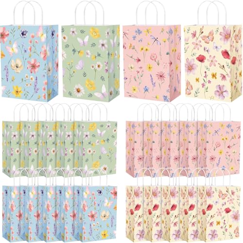 Gaillty 24 Pcs Floral Paper Gift Bags Flower Butterfly Goodie Bags with Handles Wildflower Wedding Welcome Bag for Wedding Bridal Shower Engagement Baby Shower Birthday Spring Tea Party Supplies